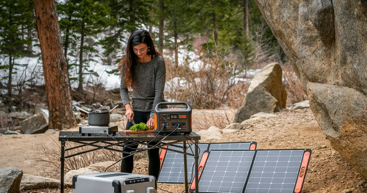 Portable power station on a camp table with two folding solar panels beside it