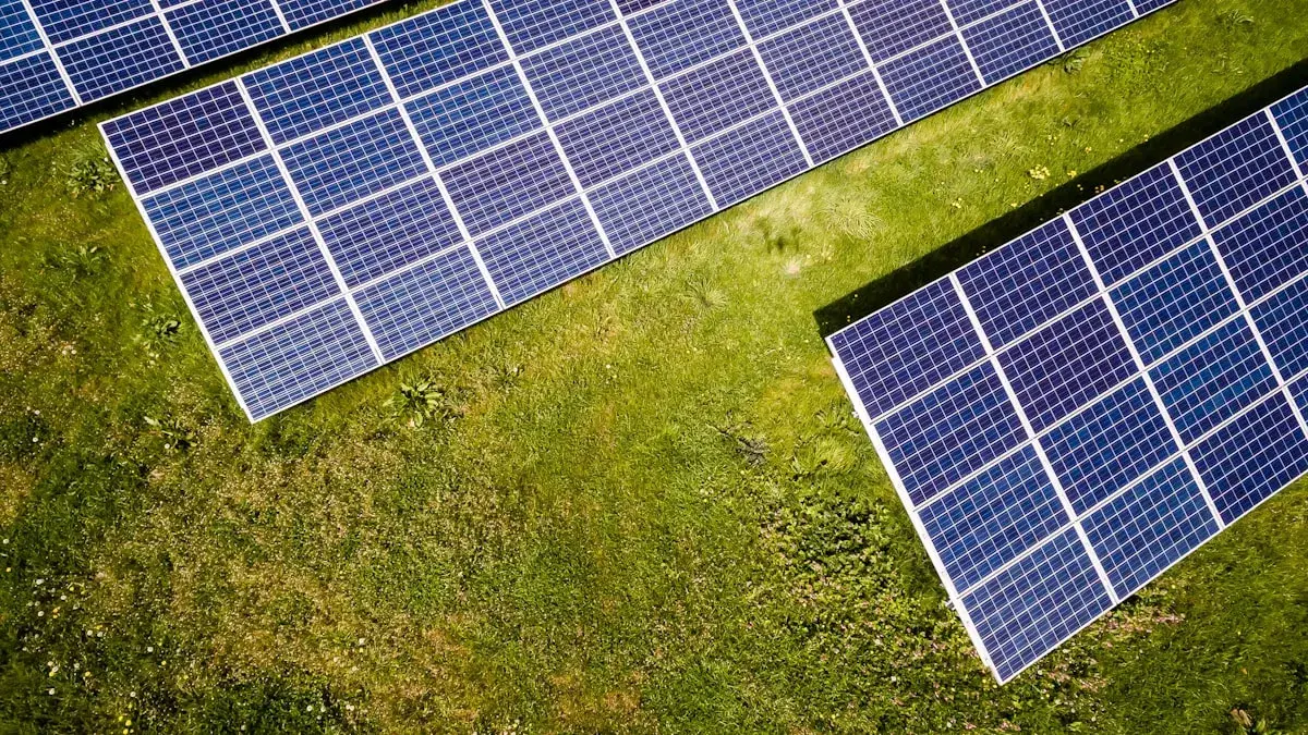 Solar panels in a green field demonstrating clean energy and environmental benefit