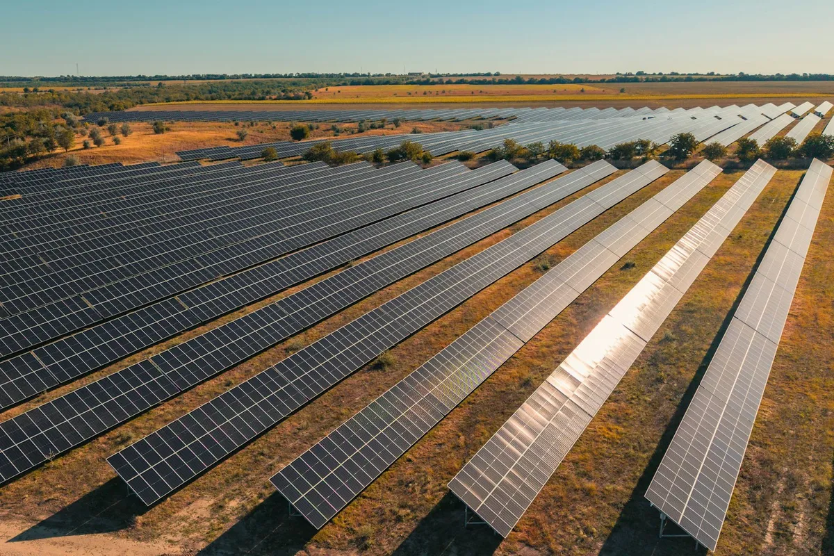 Aerial view of long rows of solar panels across a flat utility-scale solar farm