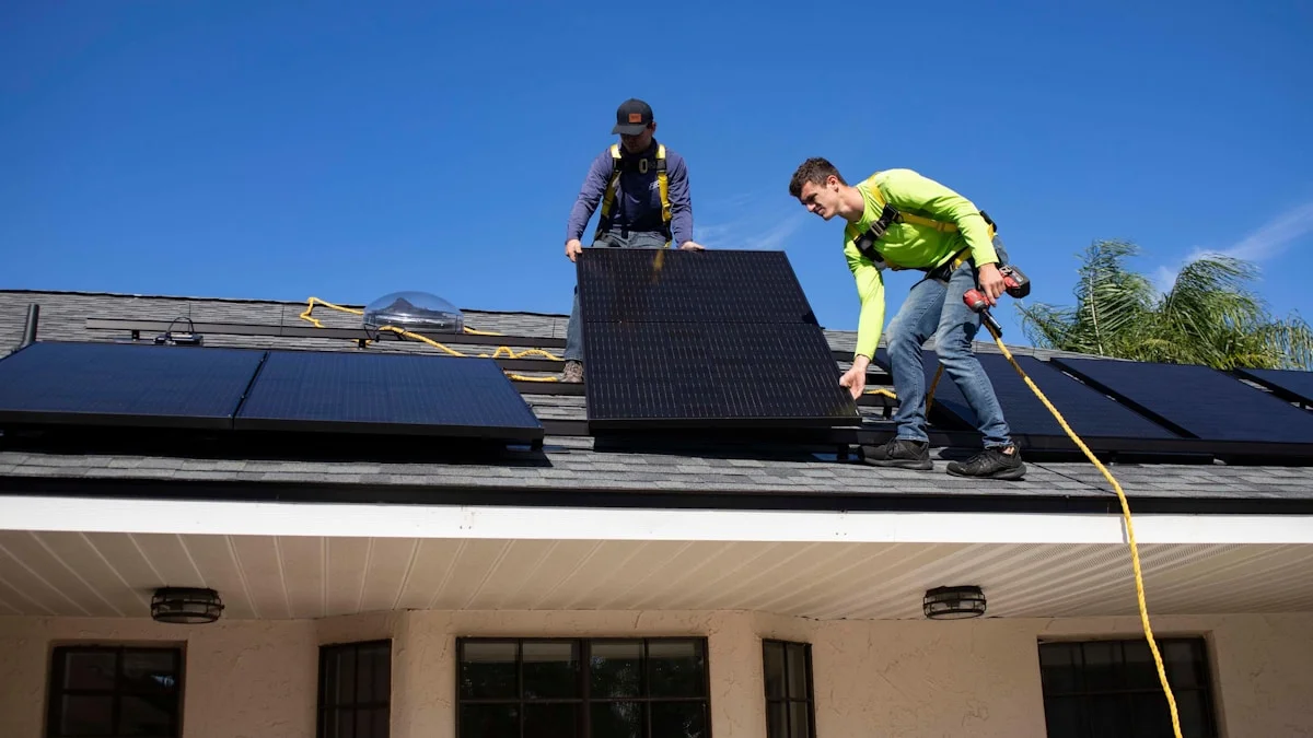 Installers working on a solar panel array on a rooftop