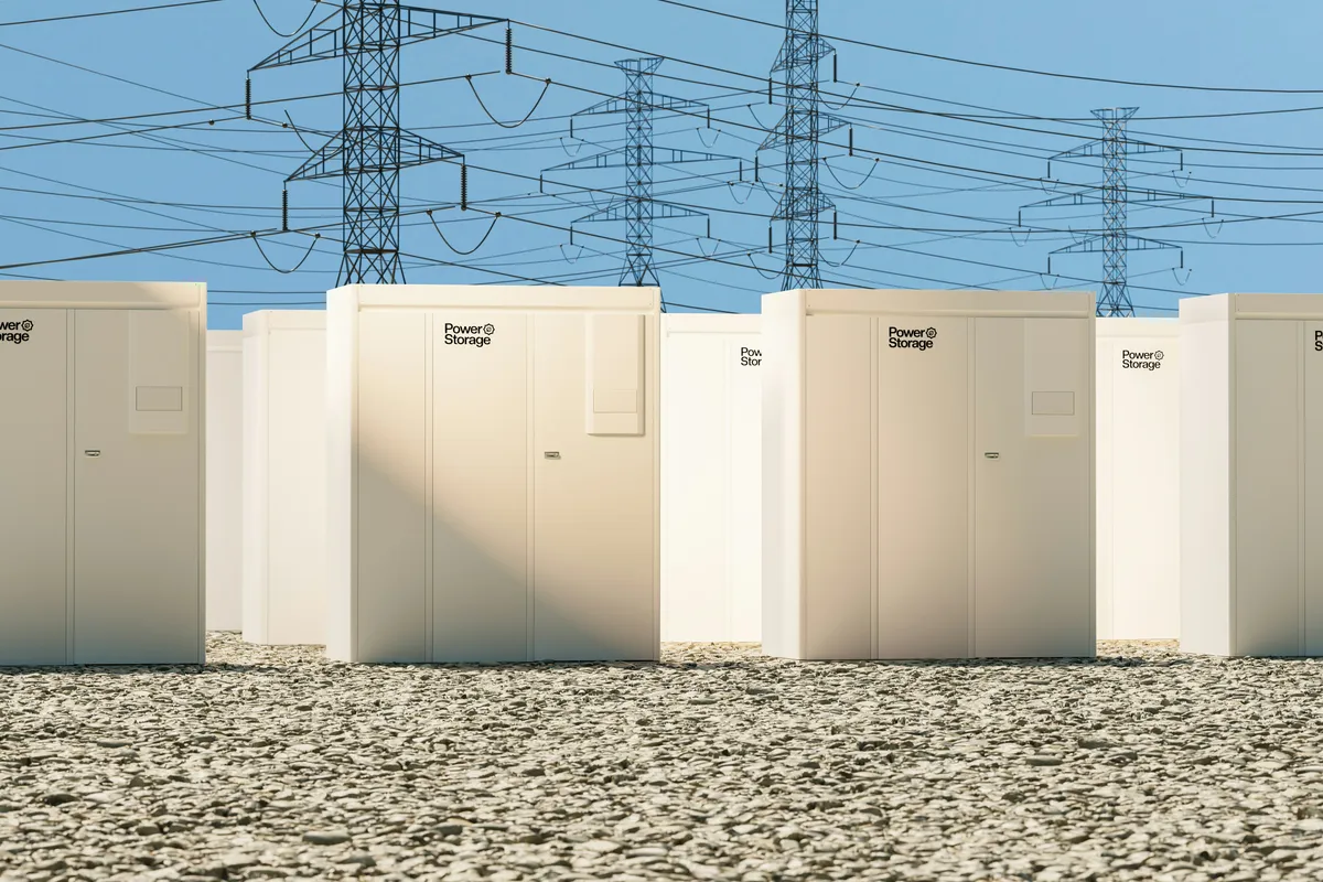 Rows of white grid-scale battery storage cabinets standing under high-voltage transmission lines