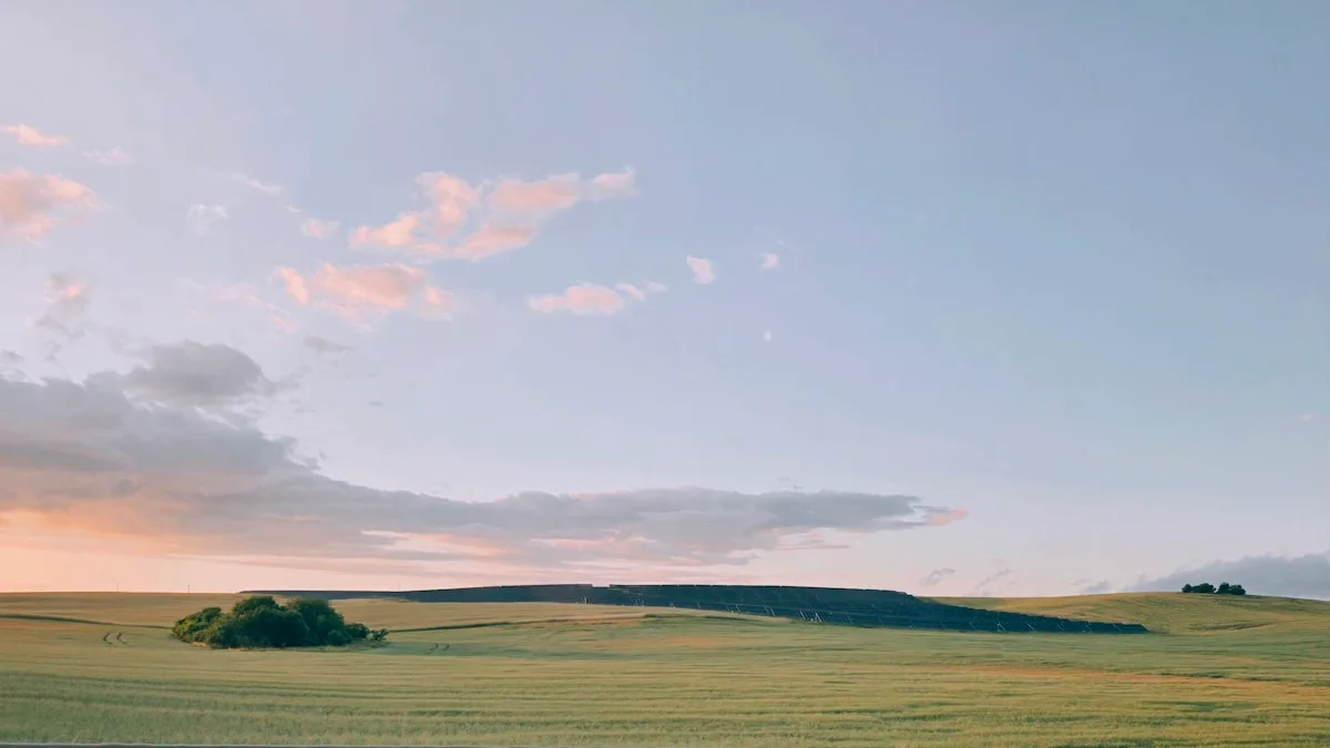 A solar farm spread across a rolling green hill