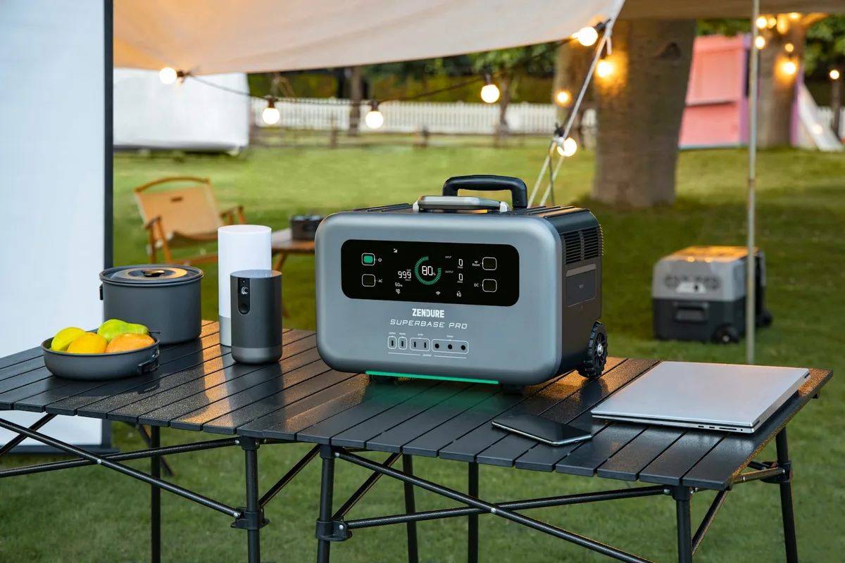 Camping table with a cooler and a laptop running from a solar generator