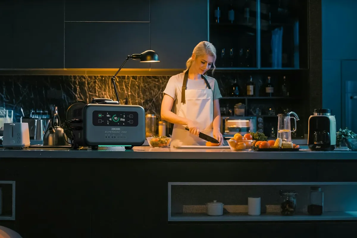 Woman preparing food in a dimly lit kitchen