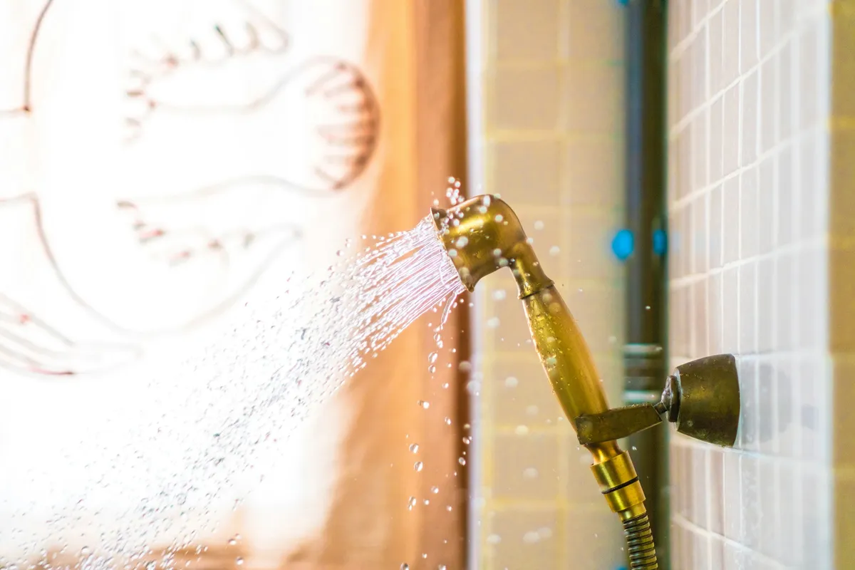 Brass hand shower spraying hot water against a tiled bathroom wall