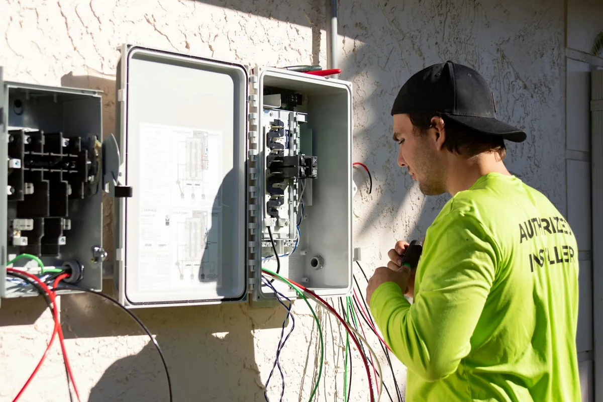Installer in a bright green shirt wiring a service disconnect on an exterior stucco wall