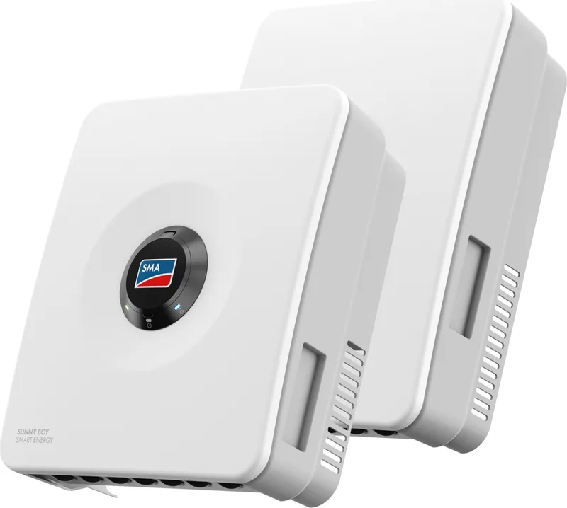 SMA Sunny Boy Smart Energy-US hybrid inverters in two enclosure sizes, front and angled view on a white background