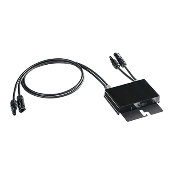 SolarEdge P370 power optimizer, black unit with two MC4 input leads and output cables